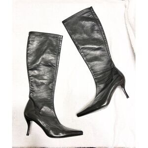 COLE HAAN Black Leather Kitten Heel Knee High Pointed Toe Sock Boots - Size 8